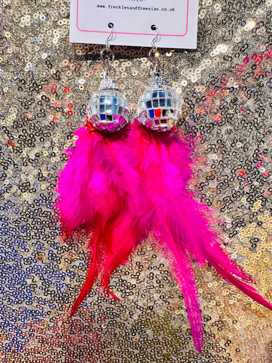 Disco ball feather earrings hot pink
