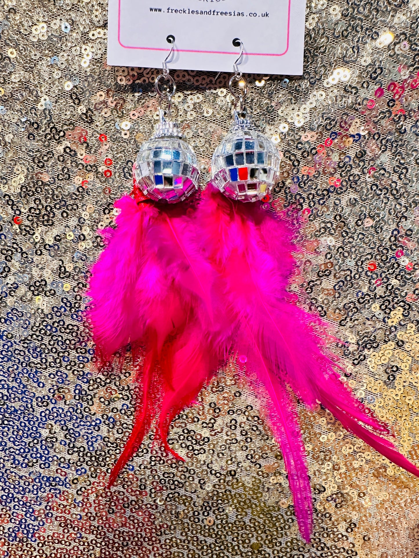 Disco ball feather earrings sky blue