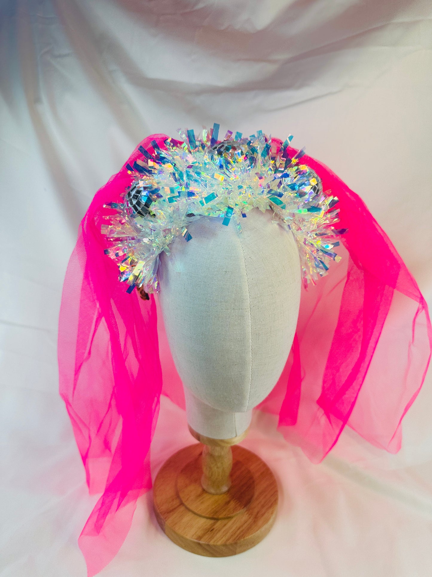 Hen do Disco Time headband! Handmade with pink veil, disco balls, bachelorette, party, bride, wedding, iridescent, bright, alternative, unconventional, glitter, neon, UV