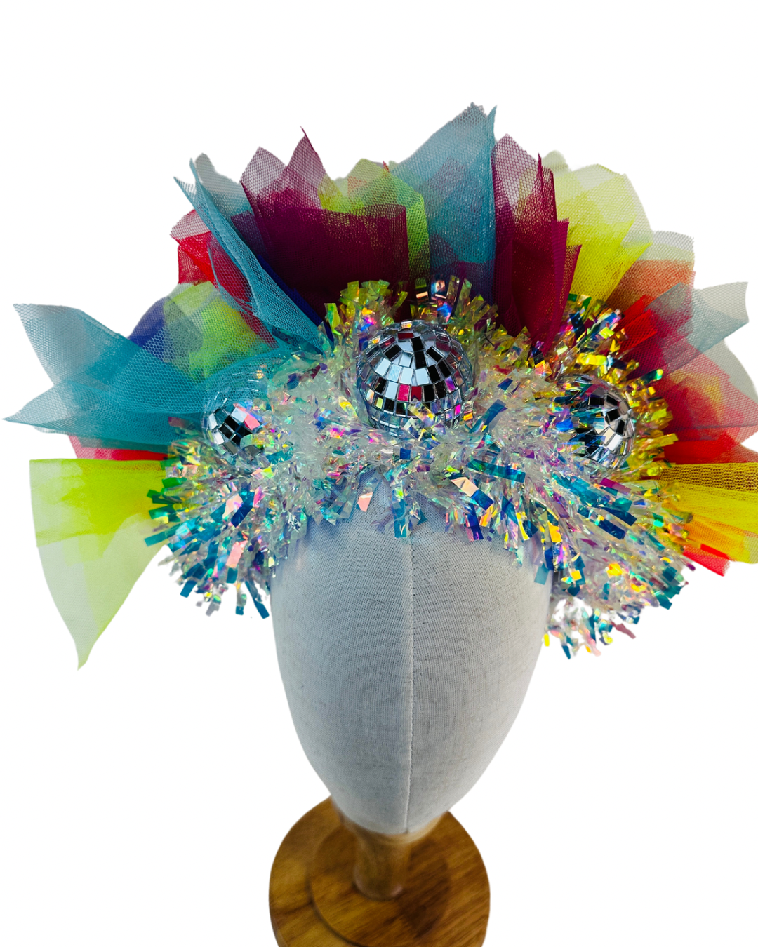 Disco ball net headband with iridescent sparkle - maroon, blue, red, yellow UV