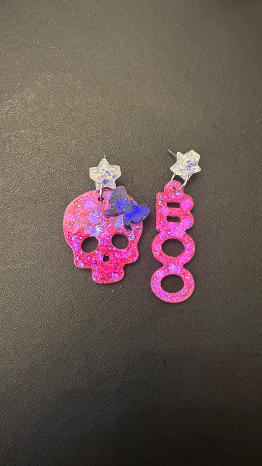 Handmade neon uv skull and boo earrings