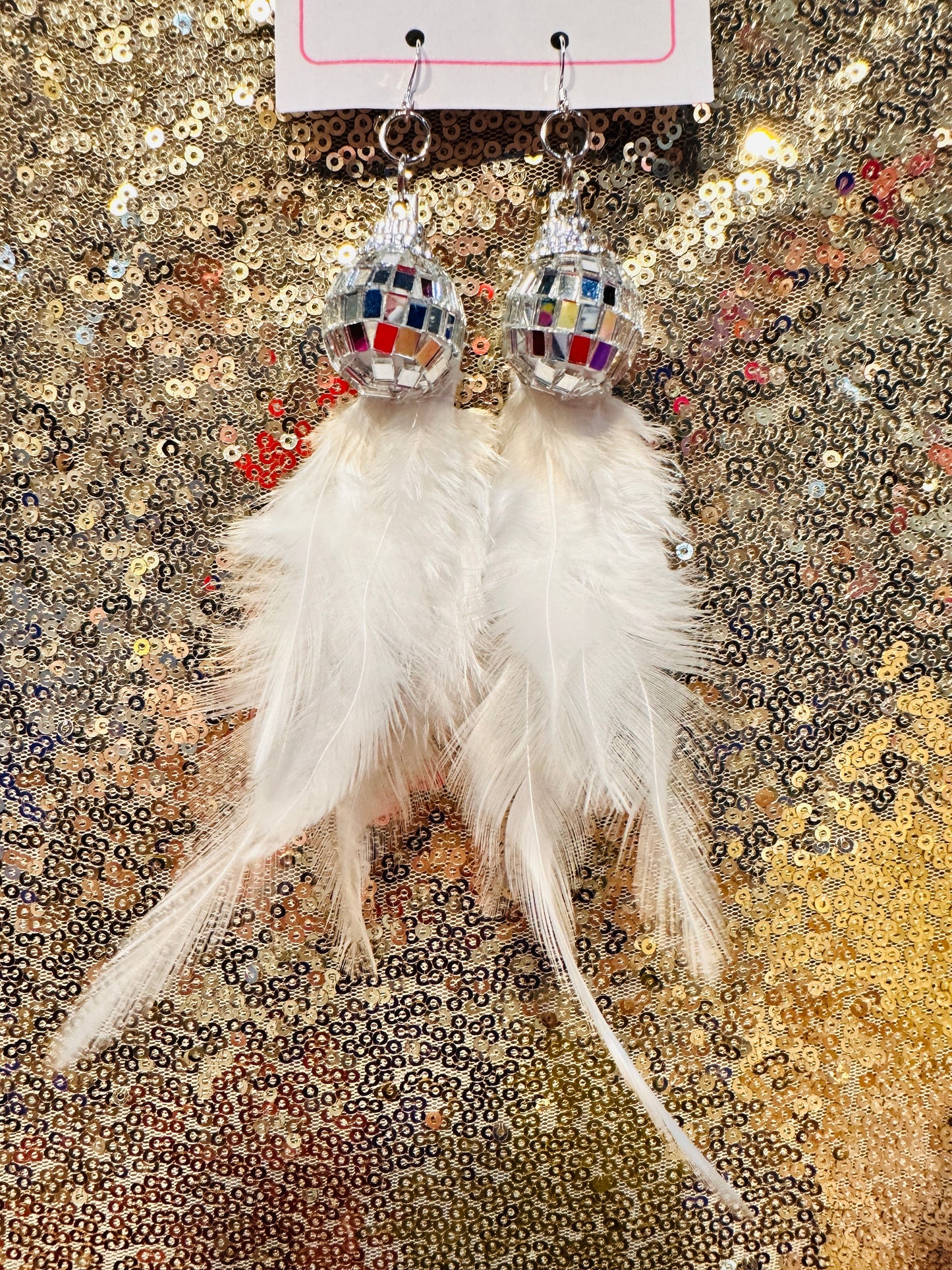 Disco ball feather earrings sky blue