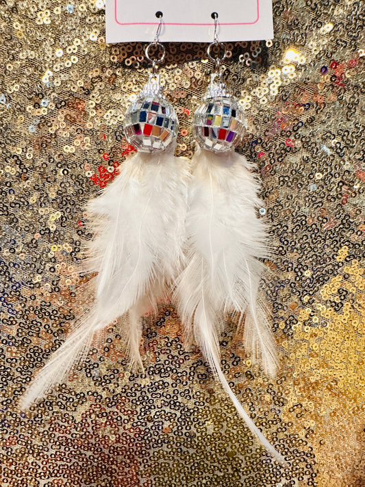 Disco ball feather earrings white