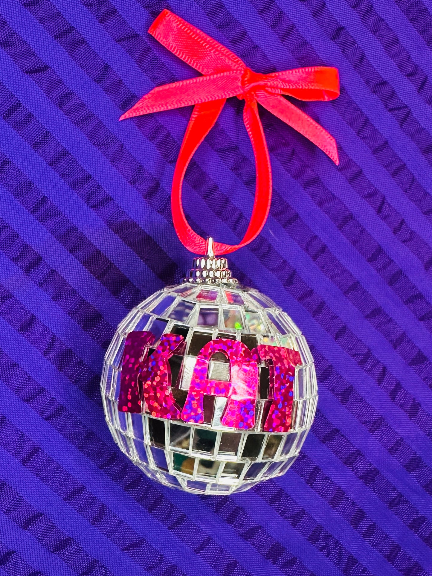 Custom disco ball bauble, Christmas, decoration, kitsch, neon, handmade, personalised, custom, name