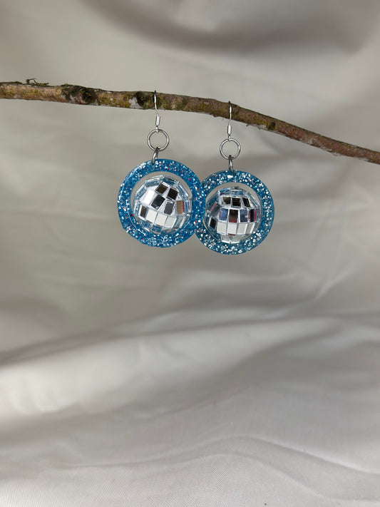 Disco ball glitter blue handmade earrings - Christmas party, secret Santa, festival