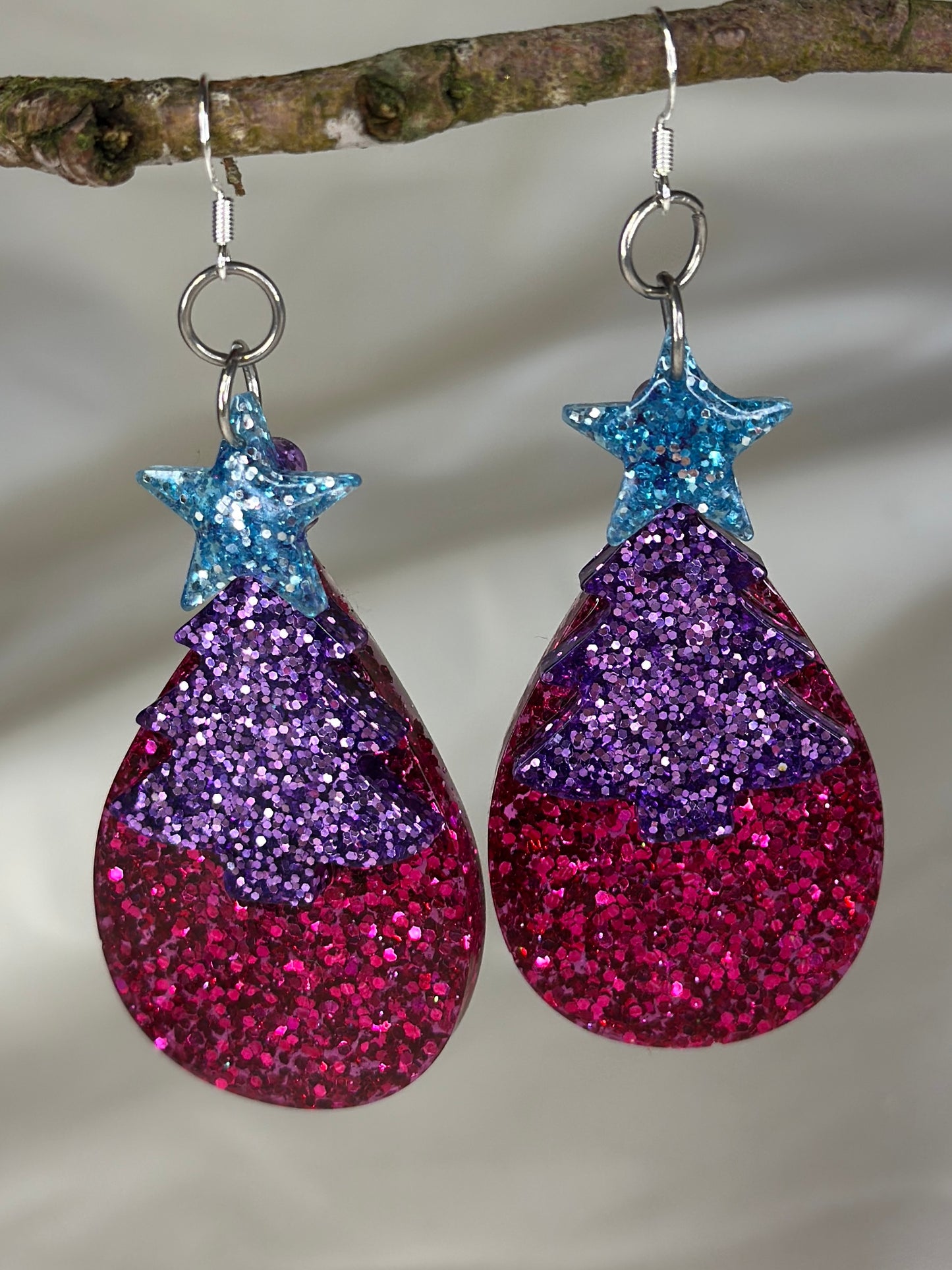 Handmade resin Christmas tree glitter earrings