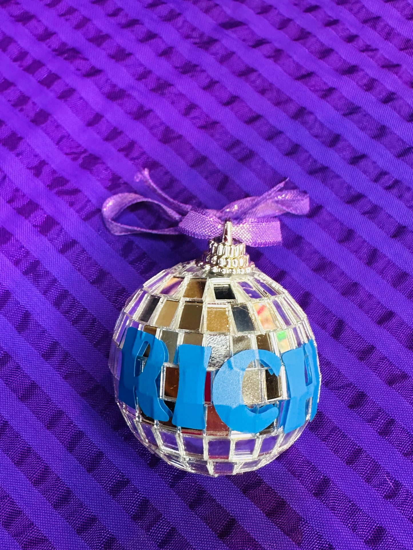 Custom disco ball bauble, Christmas, decoration, kitsch, neon, handmade, personalised, custom, name