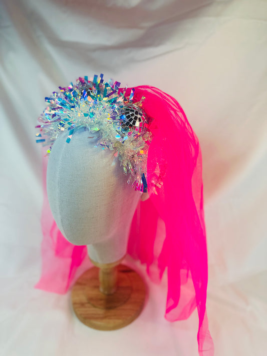 Hen do Disco Time headband! Handmade with pink veil, disco balls, bachelorette, party, bride, wedding, iridescent, bright, alternative, unconventional, glitter, neon, UV