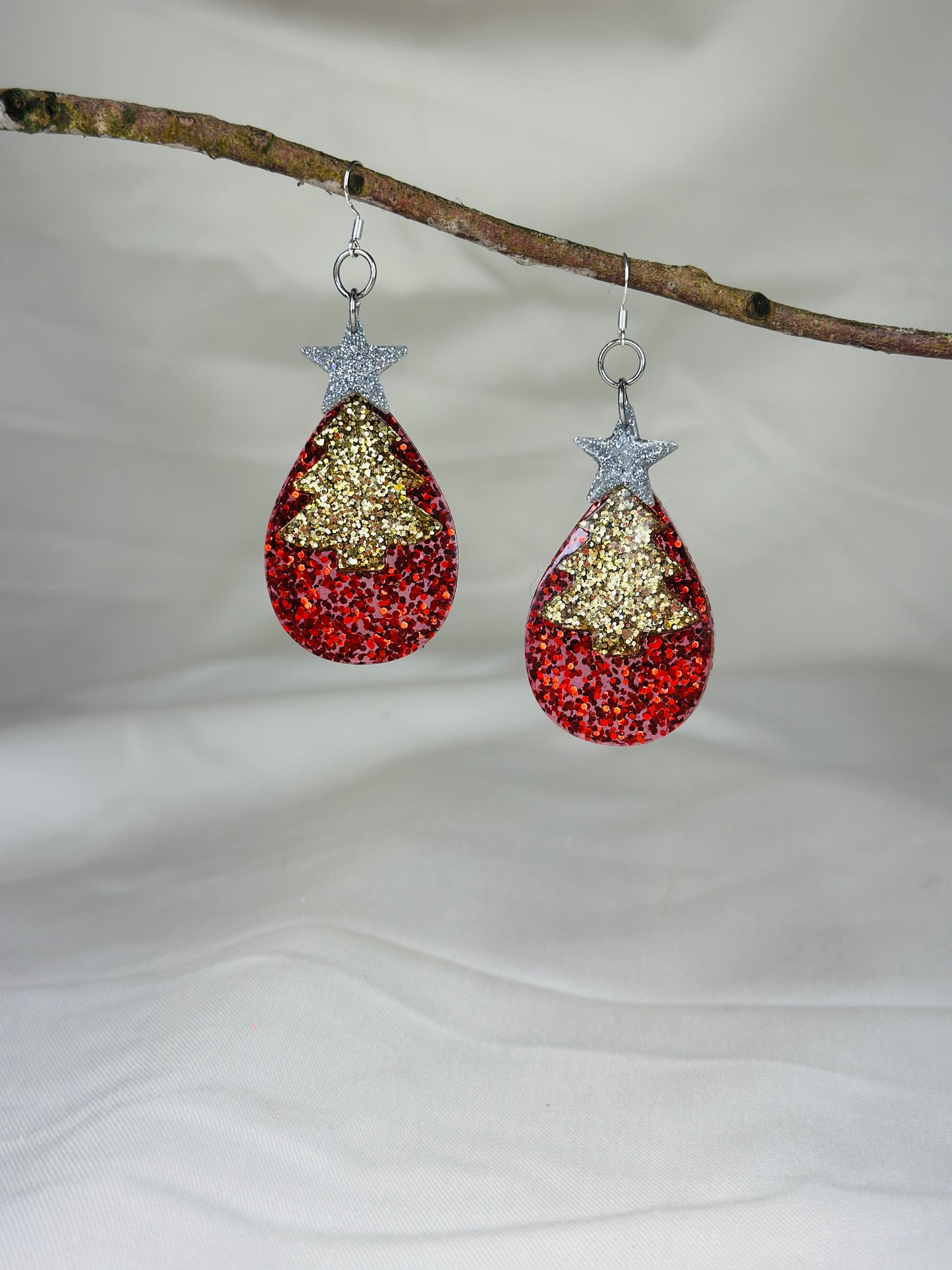 Handmade resin Christmas tree glitter earrings