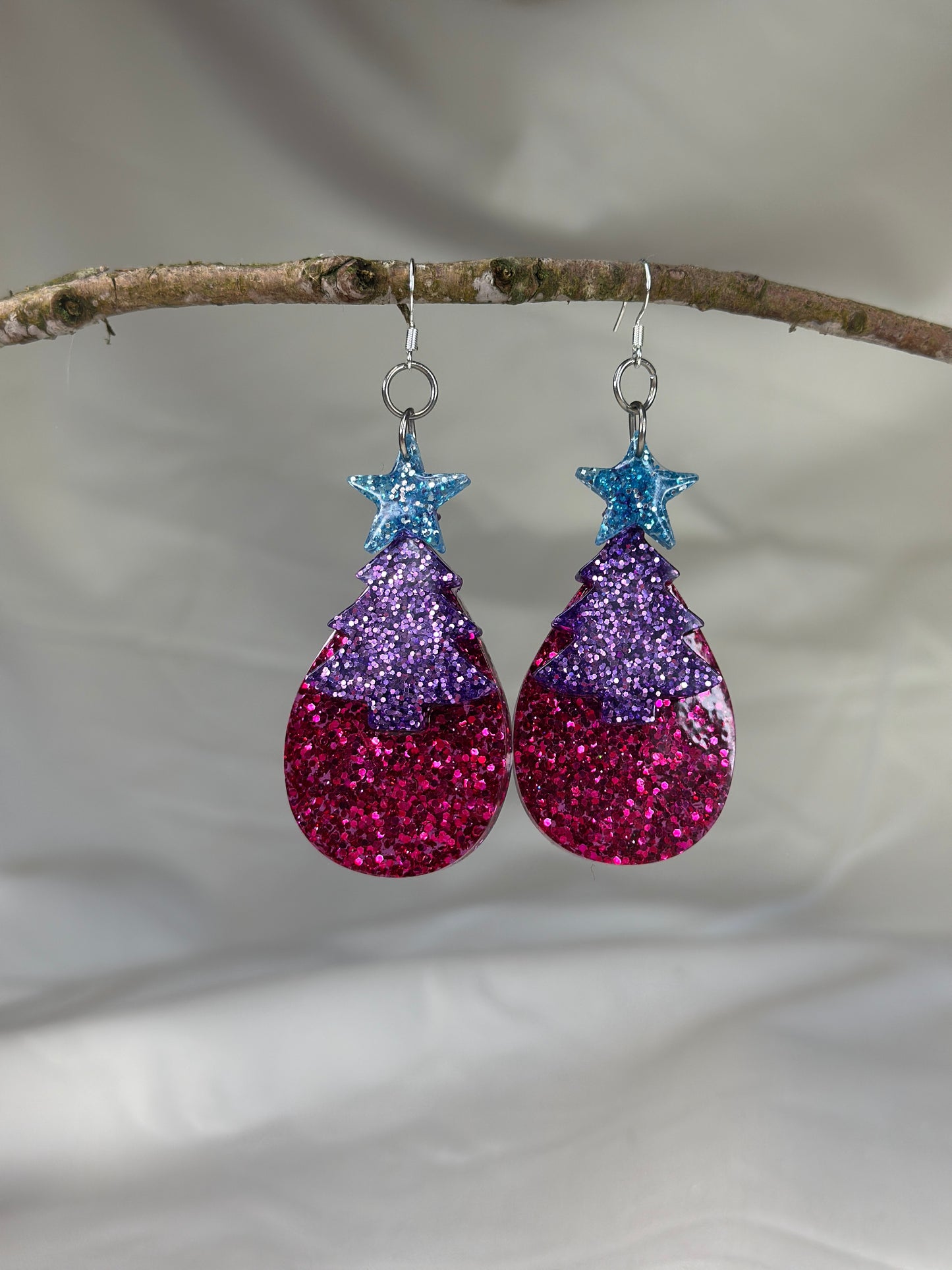 Handmade resin Christmas tree glitter earrings