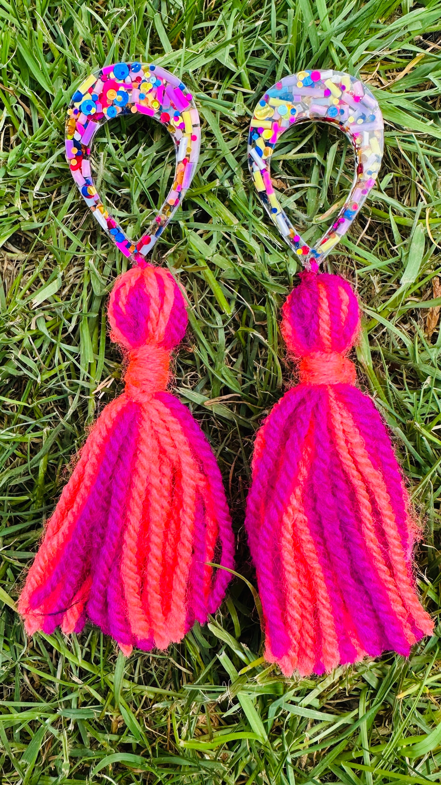 Handmade tassel resin earrings in bright magenta & coral with sprinkles and glitter