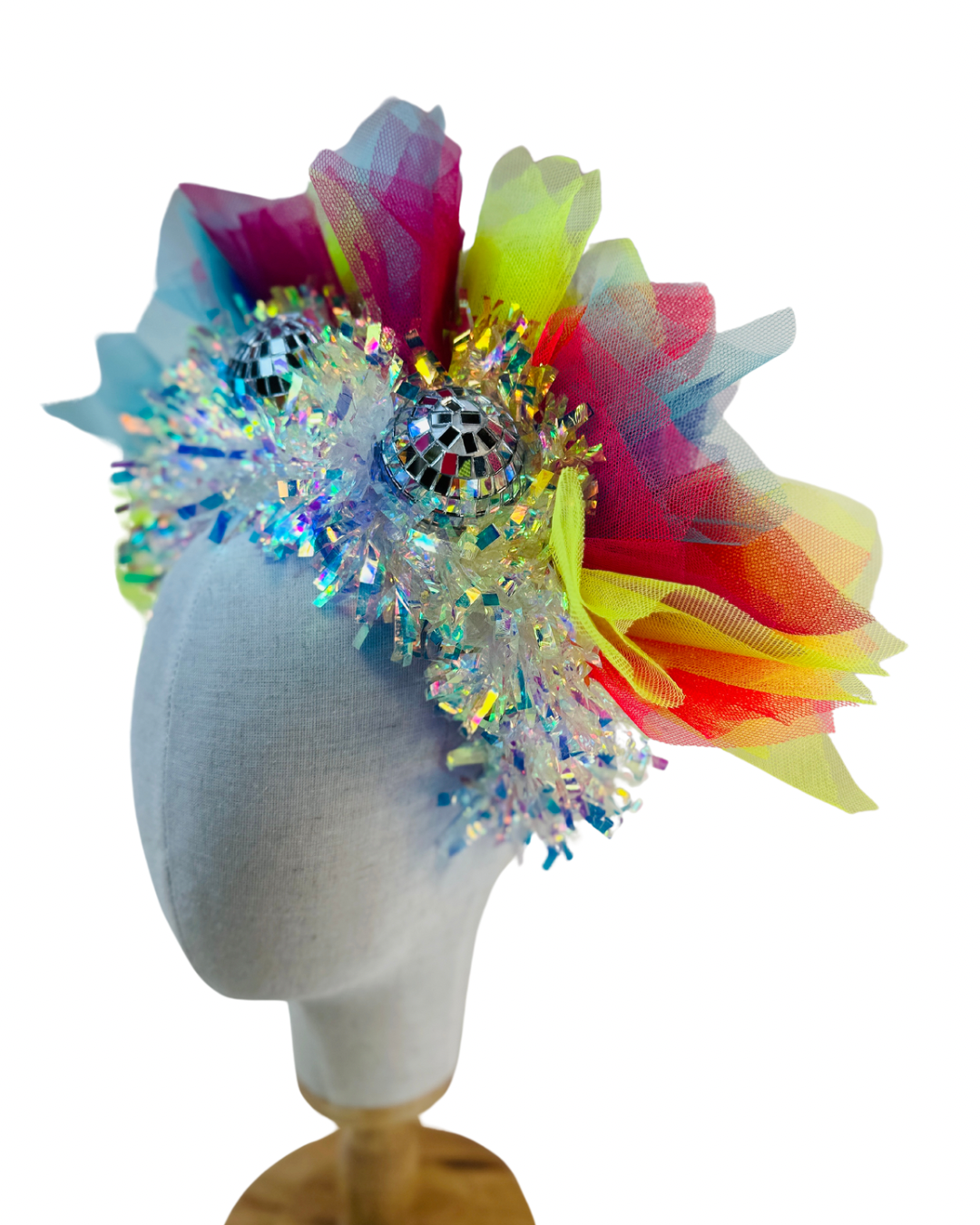 Disco ball net headband with iridescent sparkle - maroon, blue, red, yellow UV