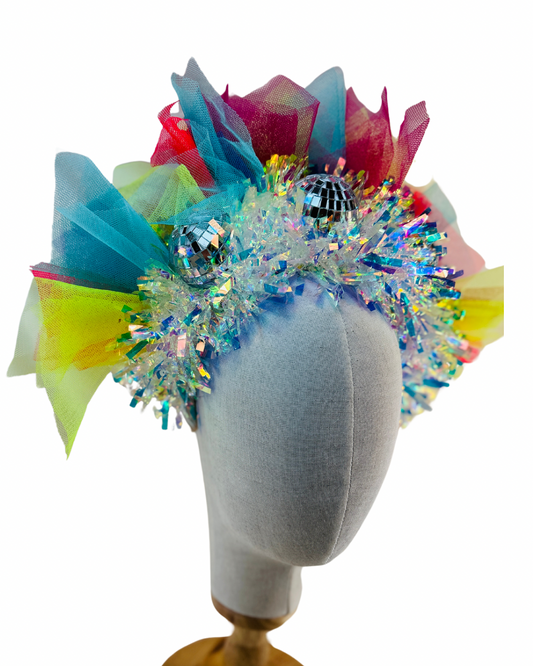 Disco ball net headband with iridescent sparkle - maroon, blue, red, yellow UV