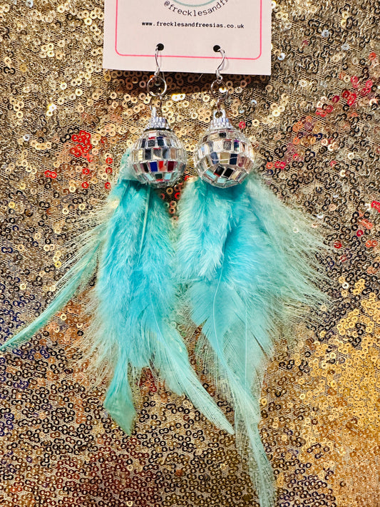 Disco ball feather earrings sky blue