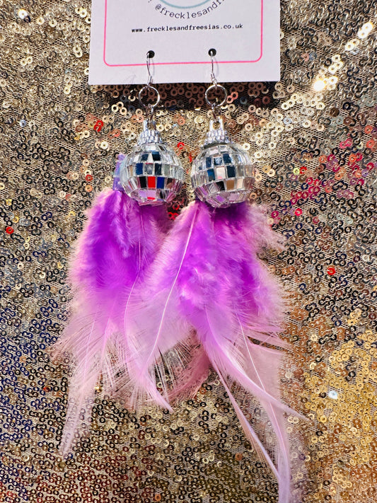 Disco ball feather earrings lavender