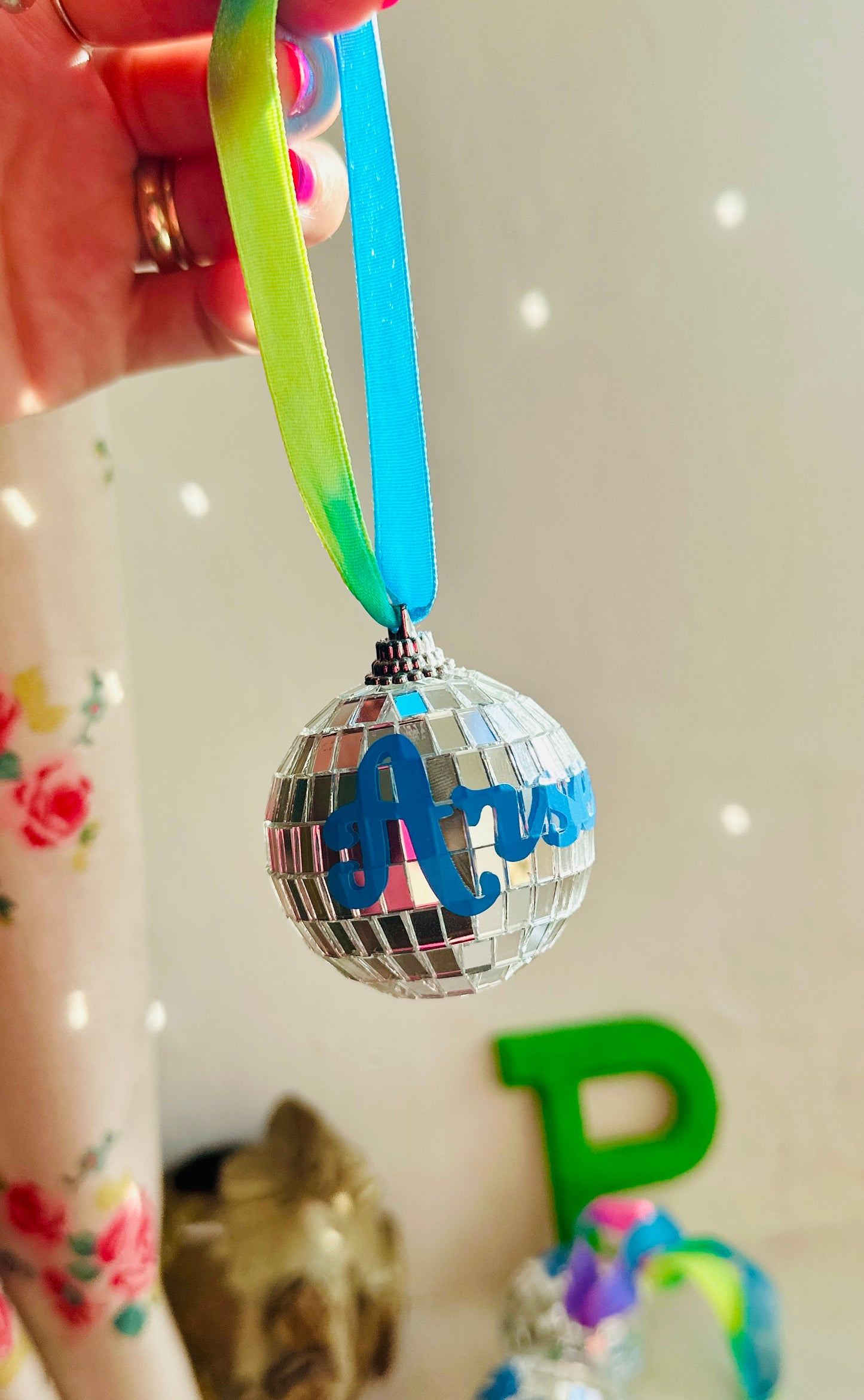 Sweary disco ball bauble, Christmas, decoration, kitsch, neon, handmade, personalised, custom, adult, mature, swear, handmade