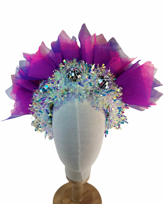 Disco ball net headband with iridescent sparkle - pink & purple UV