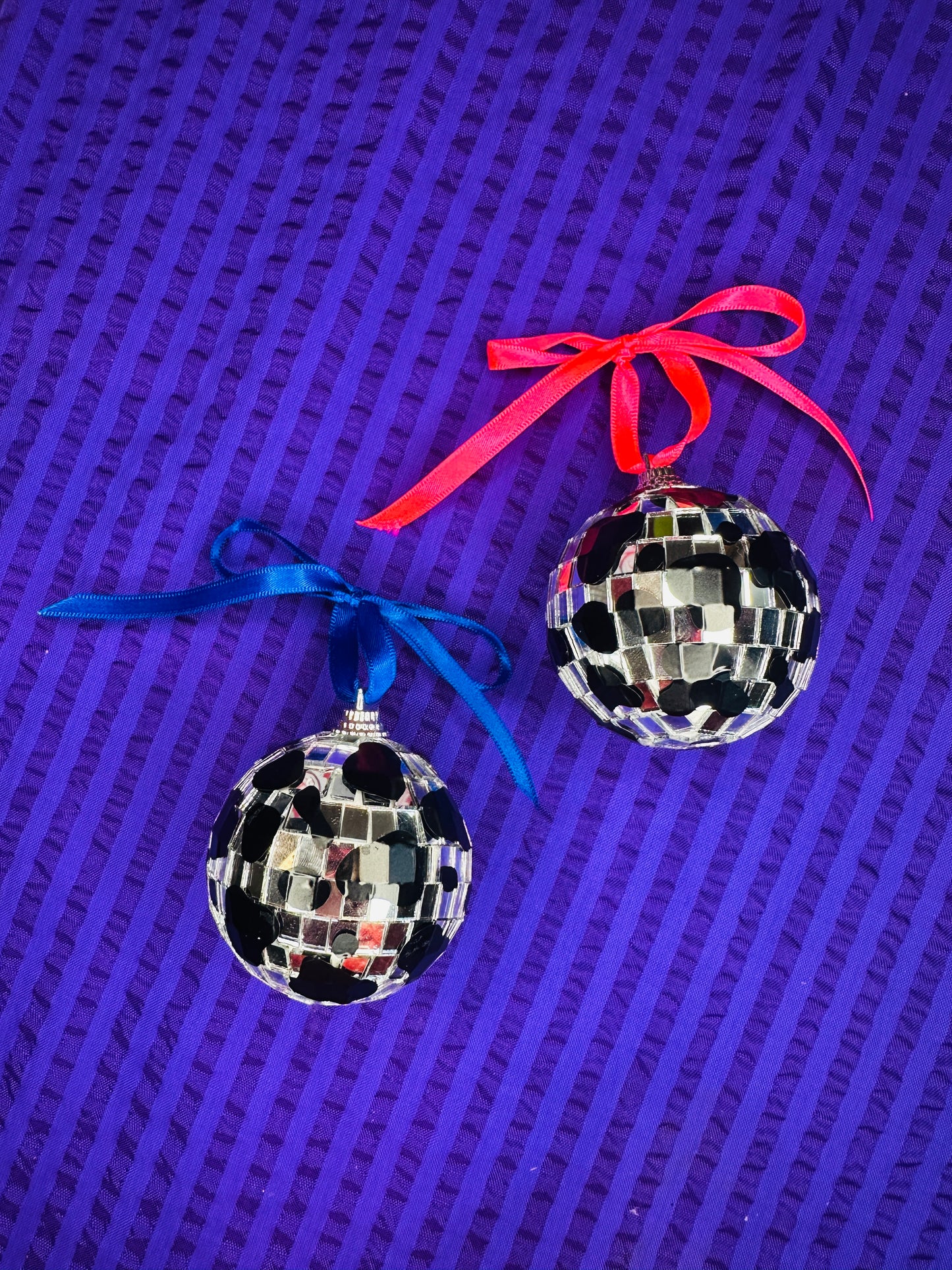 Cow print disco ball baubles! Handmade, pastoral, country and western, festival, chrome