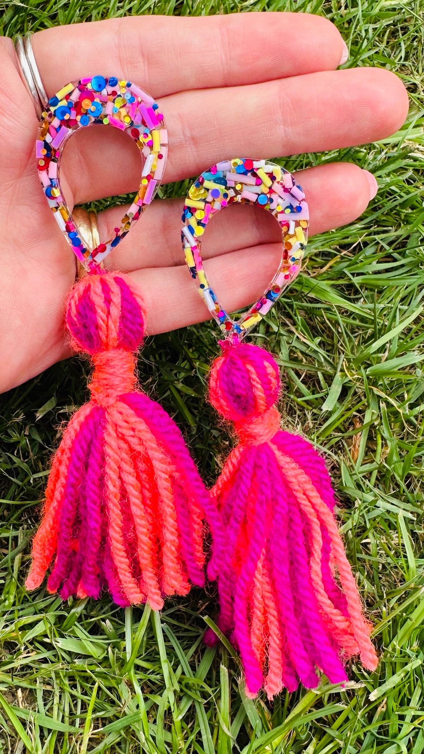 Handmade tassel resin earrings in bright magenta & coral with sprinkles and glitter