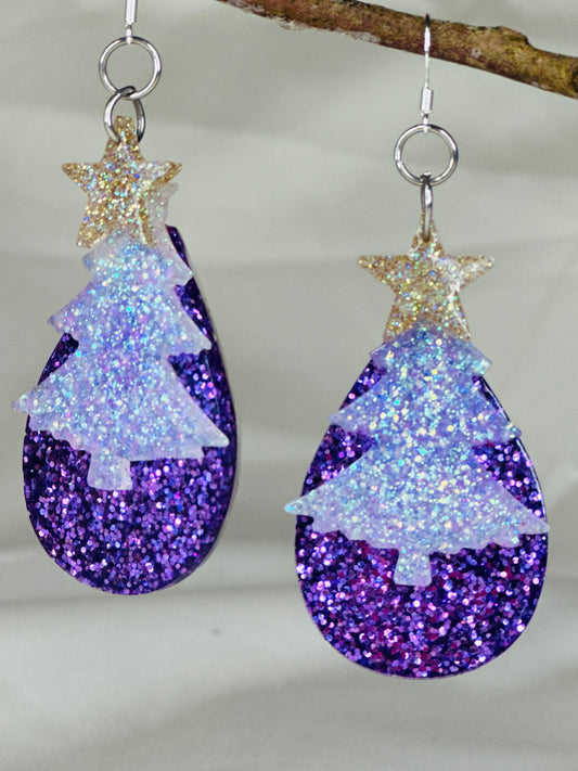 Handmade resin Christmas tree glitter earrings