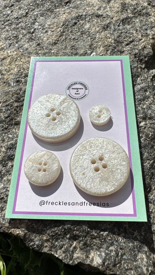 Handmade resin buttons white pearlescent iridescent glitter, bright, fun, round, children’s, kids, 1cm, 1.2cm, 2cm, 2.5cm, 10mm, 12mm, 15mm, 20mm, 25mm