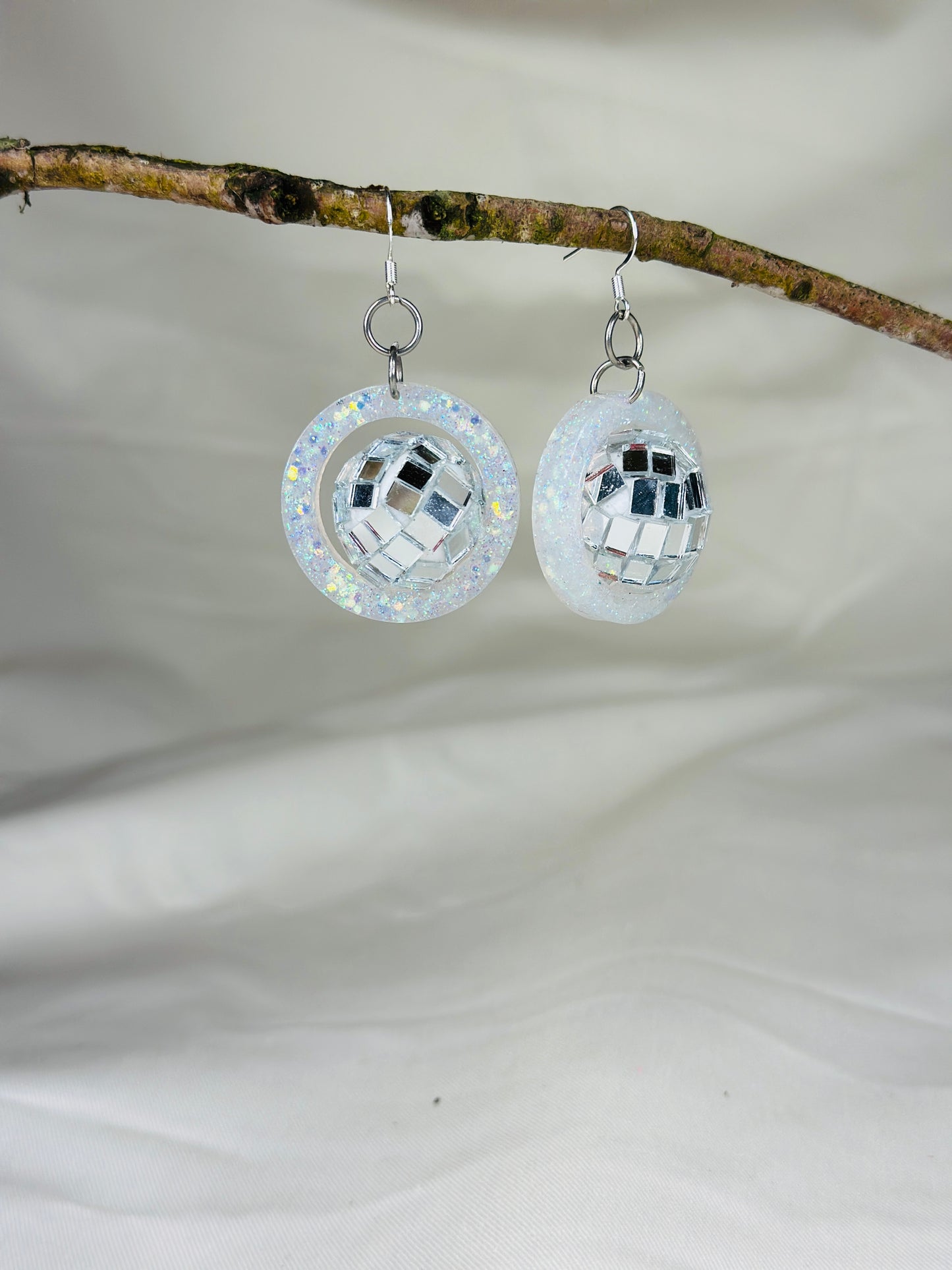 Disco ball glitter white handmade earrings - Christmas party, secret Santa, festival