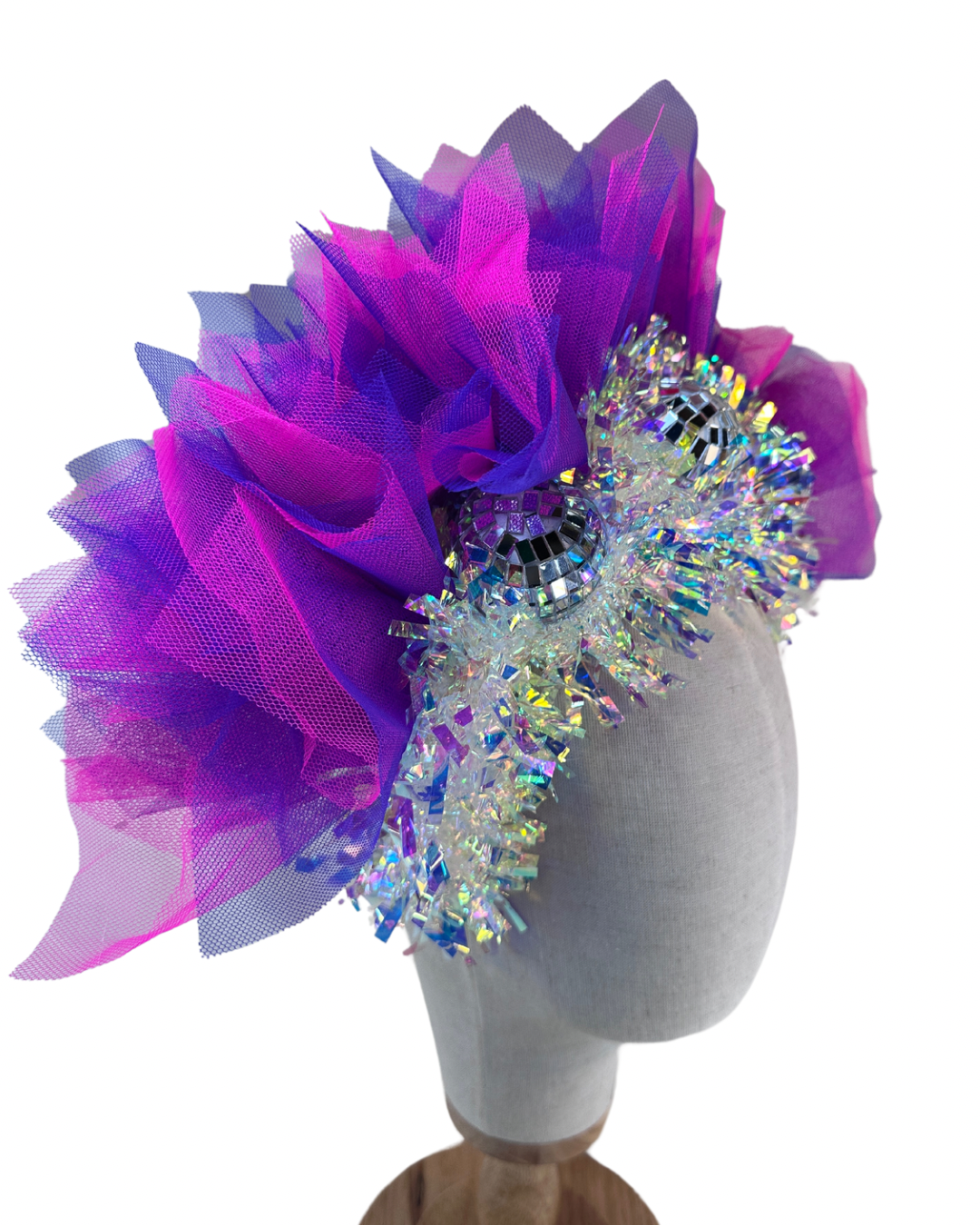 Disco ball net headband with iridescent sparkle - pink & purple UV