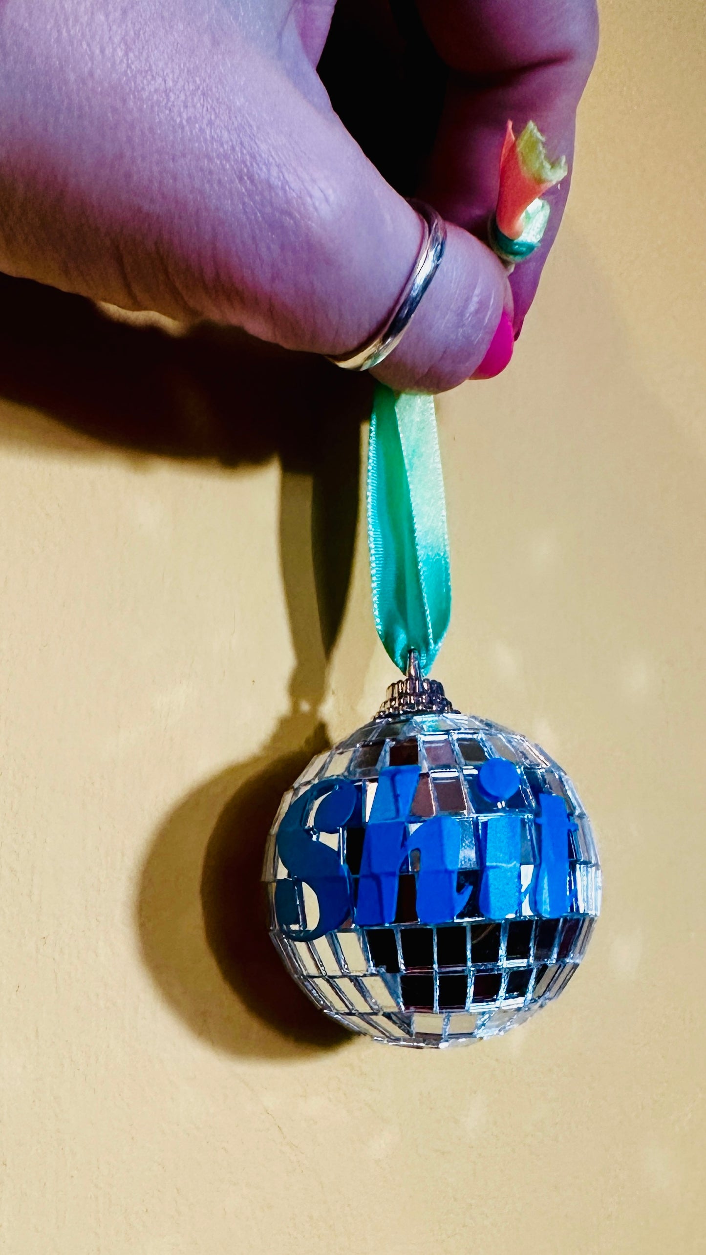 Sweary disco ball bauble, Christmas, decoration, kitsch, neon, handmade, personalised, custom, adult, mature, swear, handmade
