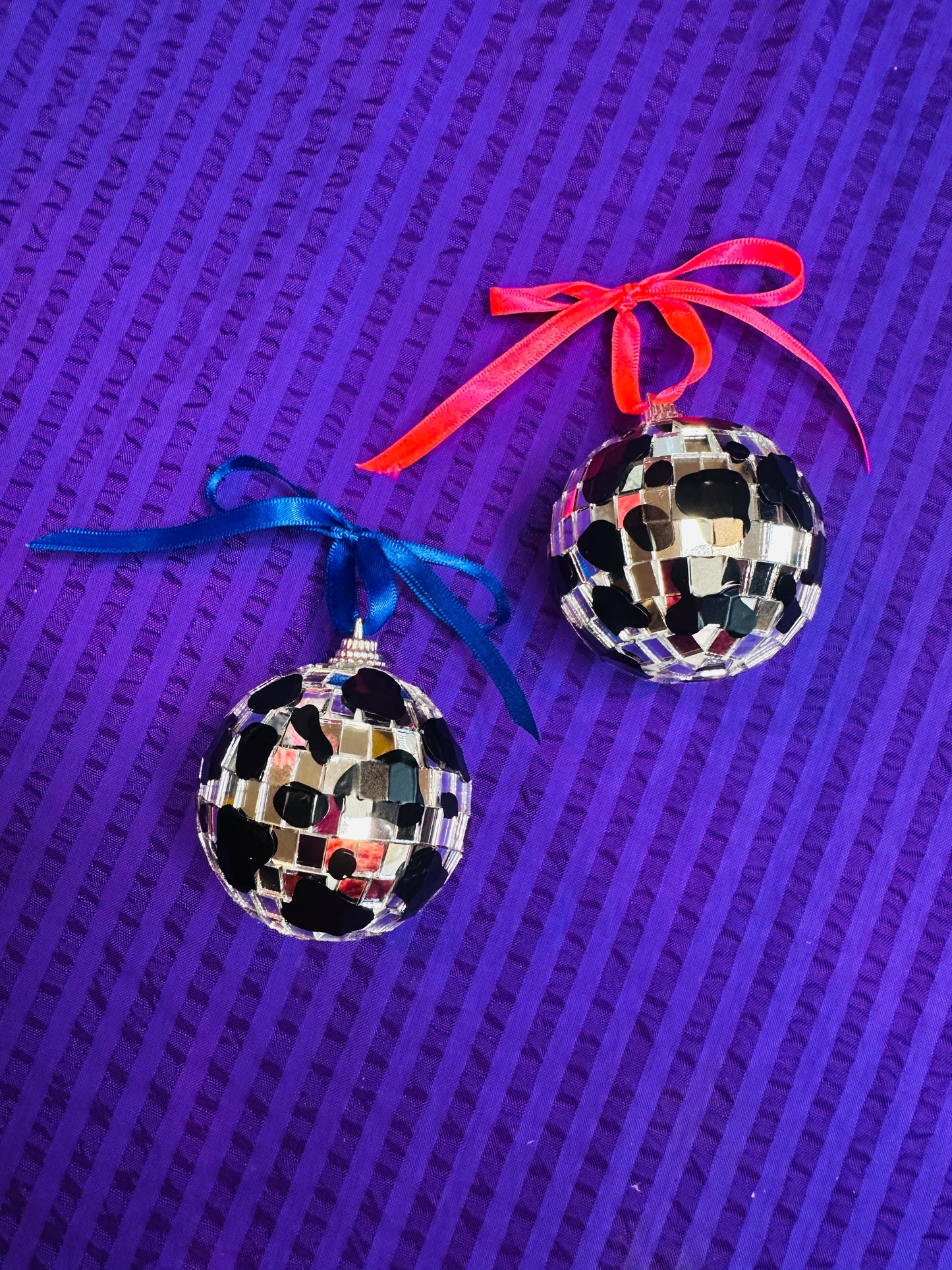 Cow print disco ball baubles! Handmade, pastoral, country and western, festival, chrome