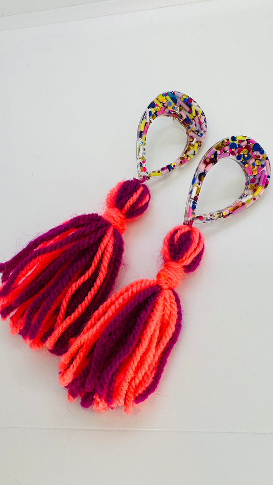 Handmade tassel resin earrings in bright magenta & coral with sprinkles and glitter