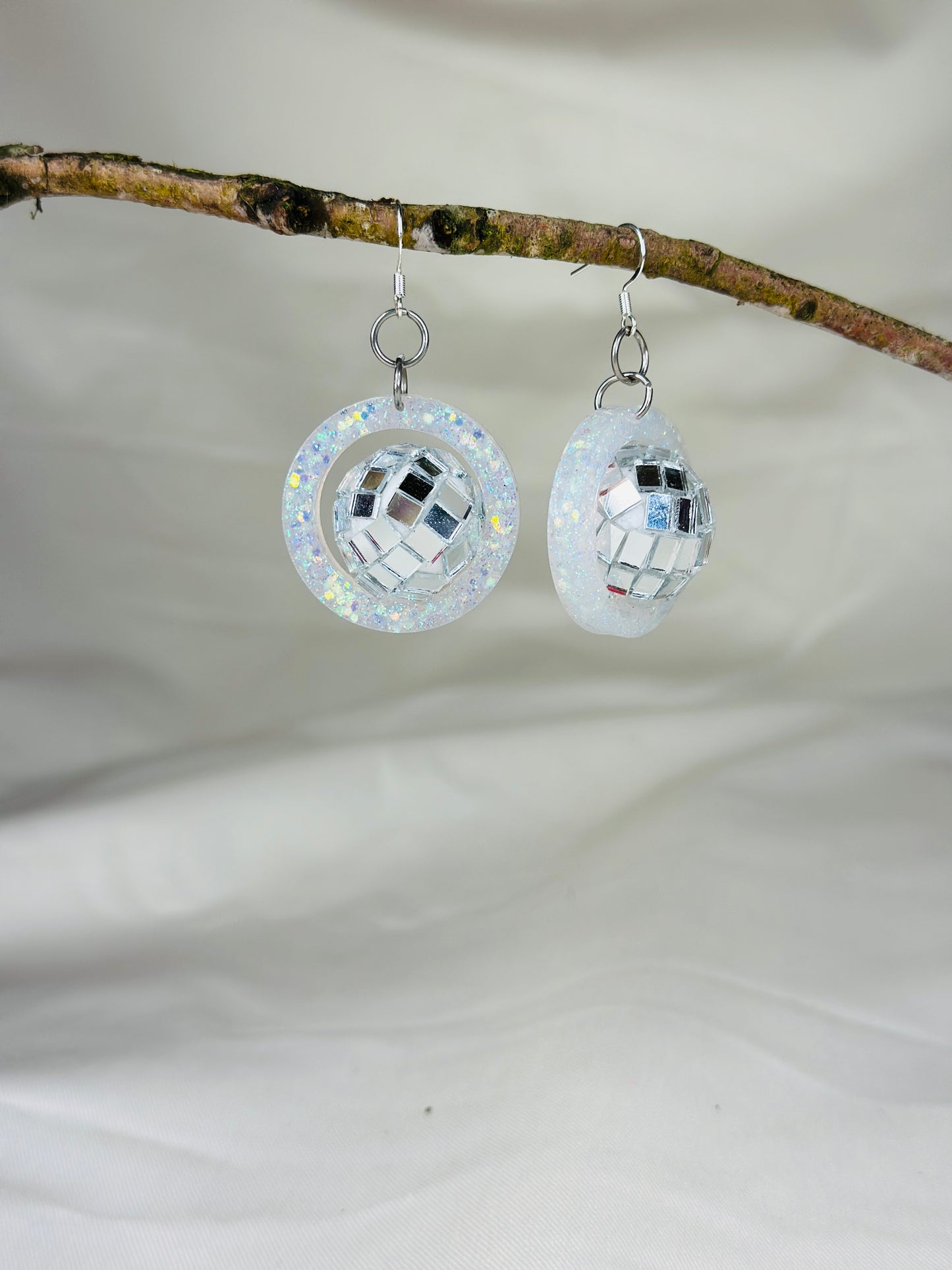 Disco ball glitter white handmade earrings - Christmas party, secret Santa, festival