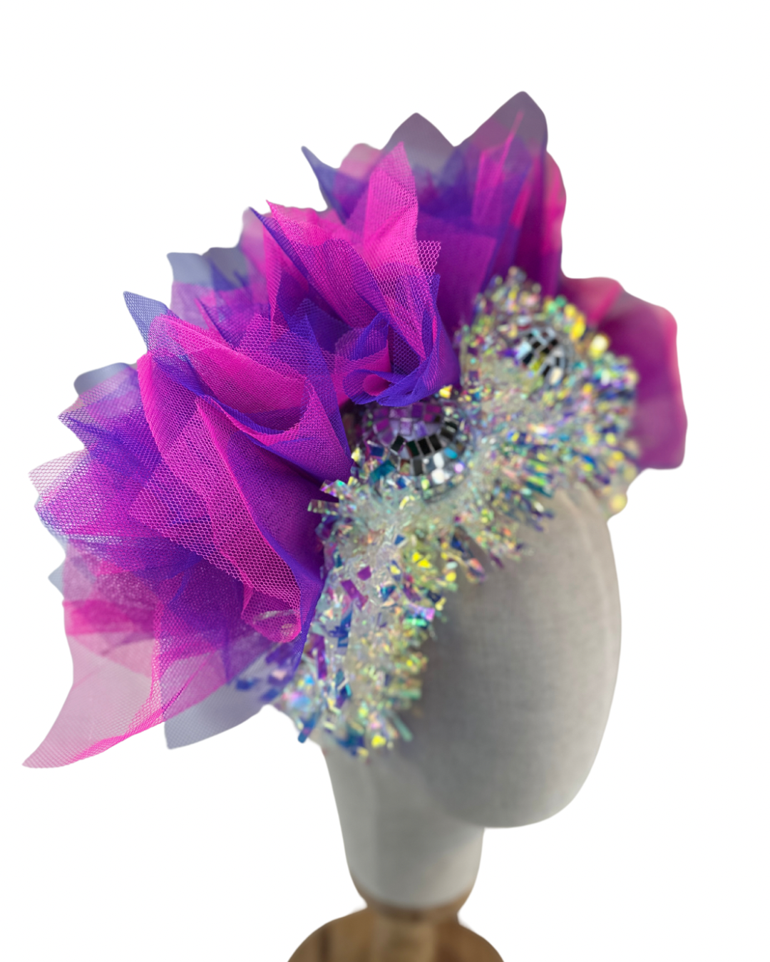 Disco ball net headband with iridescent sparkle - pink & purple UV