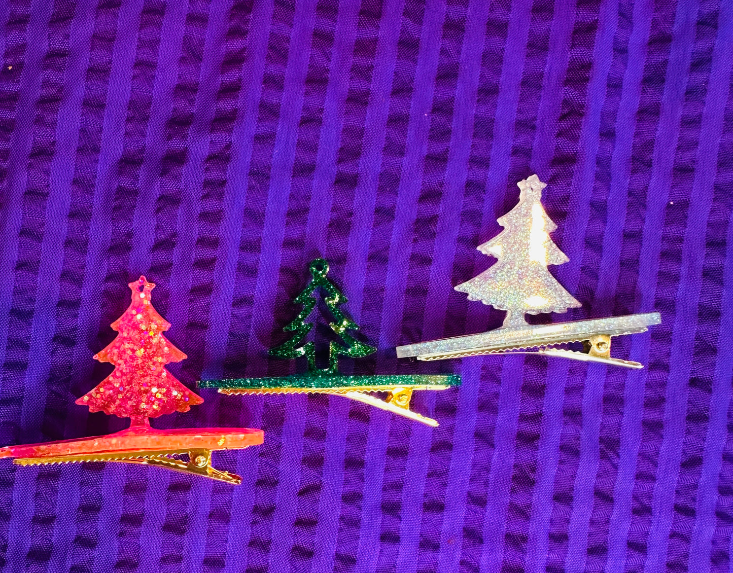 Christmas tree hair clips, handmade, resin, secret Santa, glitter