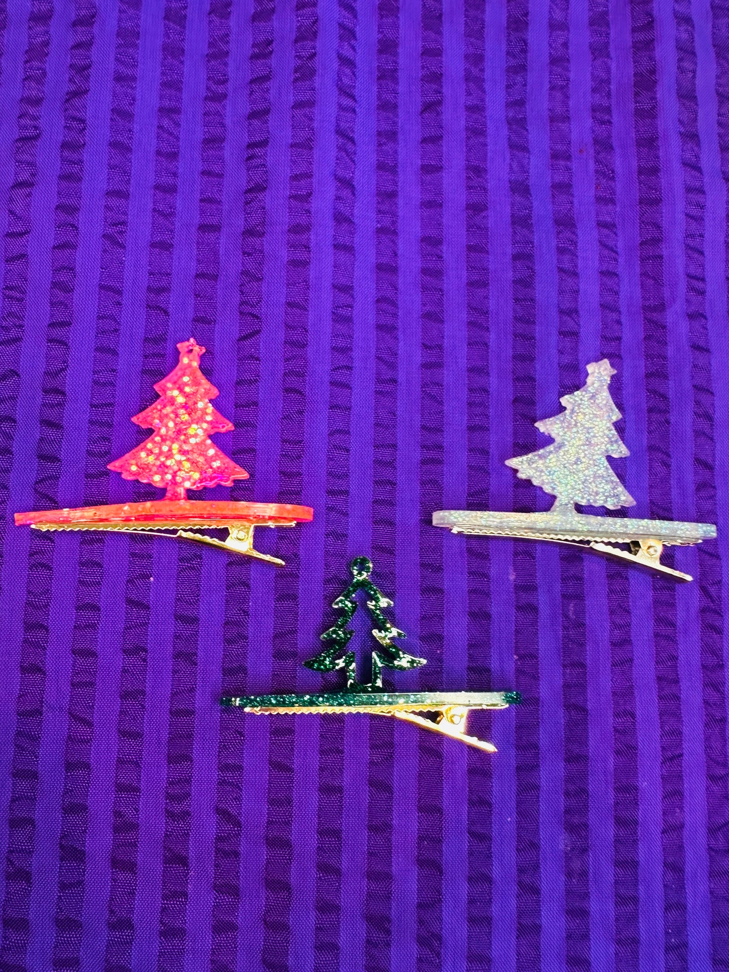 Christmas tree hair clips, handmade, resin, secret Santa, glitter