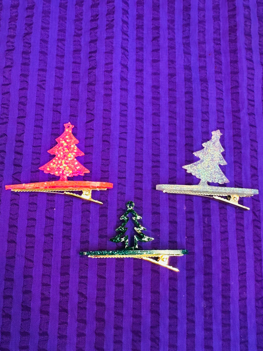 Christmas tree hair clips, handmade, resin, secret Santa, glitter