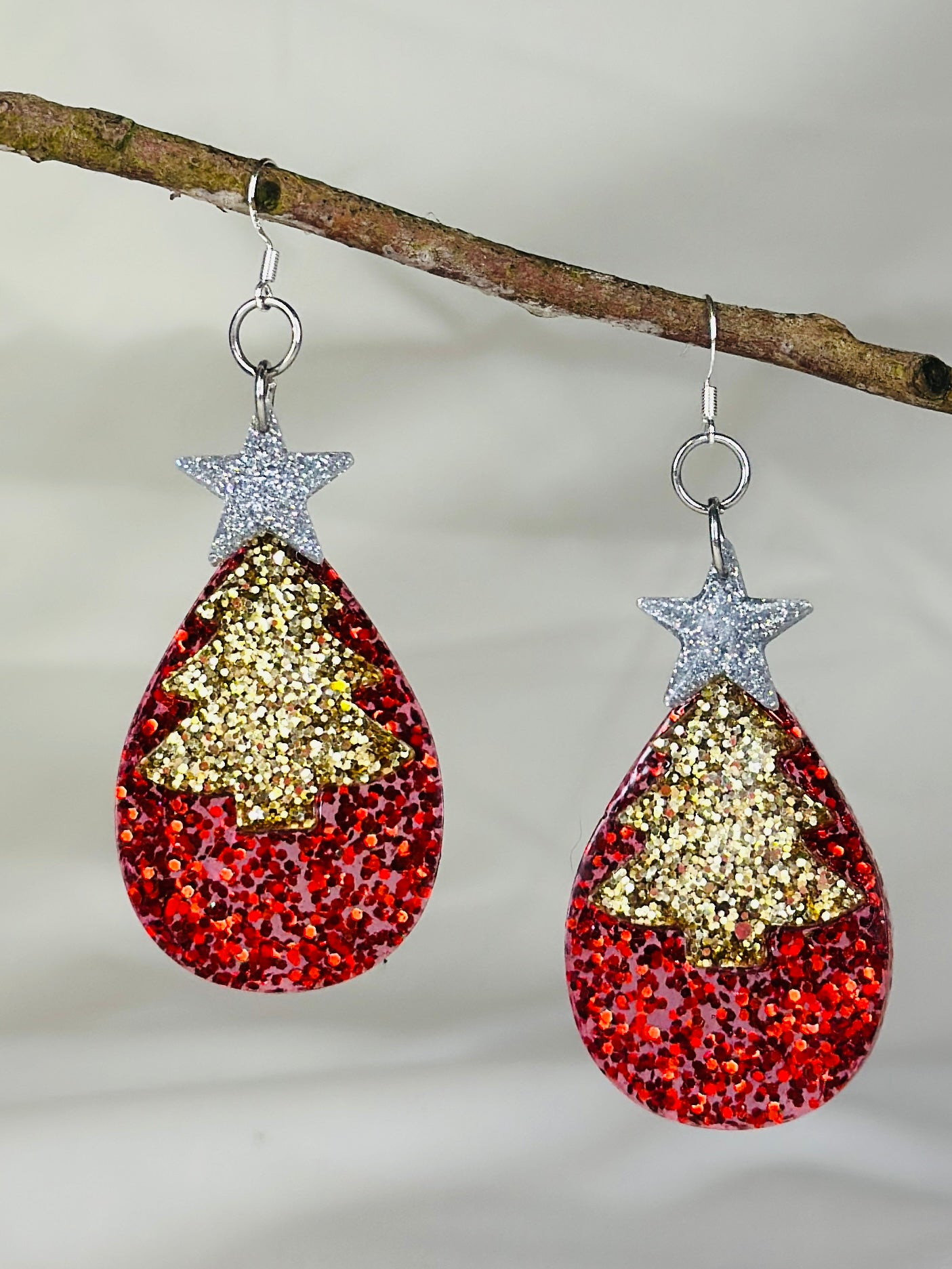 Handmade resin Christmas tree glitter earrings