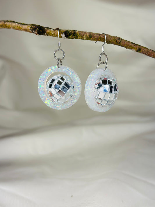 Disco ball glitter white handmade earrings - Christmas party, secret Santa, festival