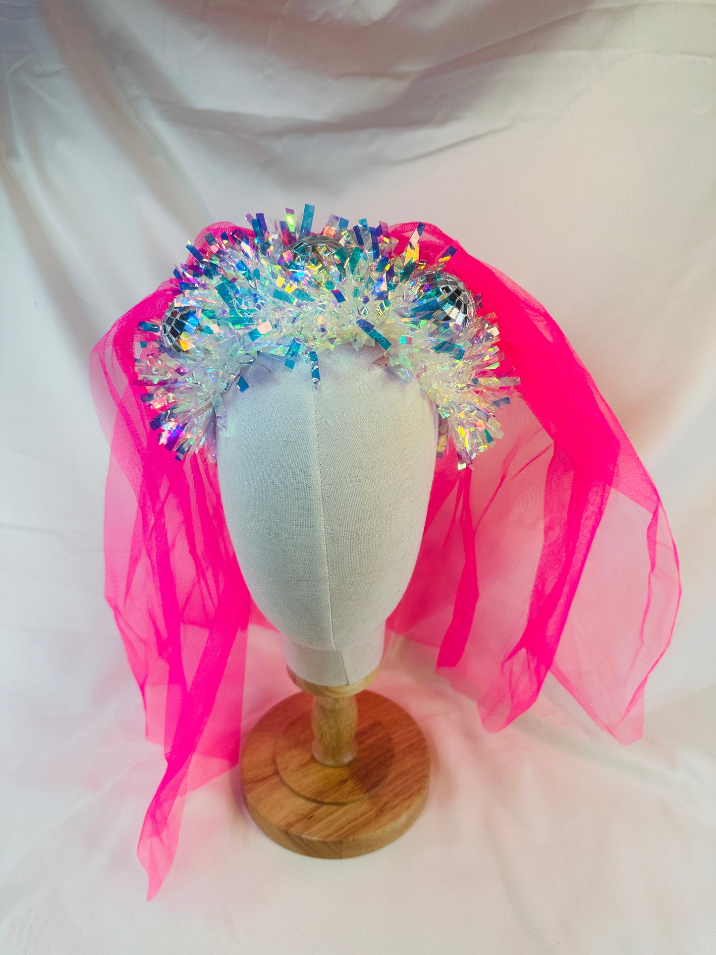 Hen do Disco Time headband! Handmade with pink veil, disco balls, bachelorette, party, bride, wedding, iridescent, bright, alternative, unconventional, glitter, neon, UV