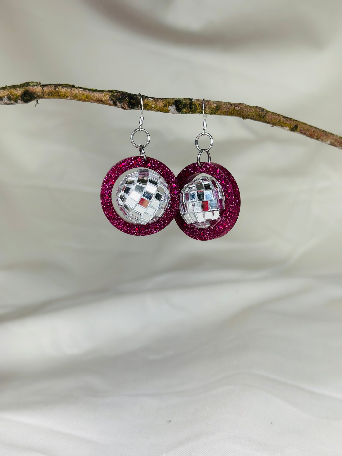 Disco ball glitter pink handmade earrings - Christmas party, secret Santa, festival