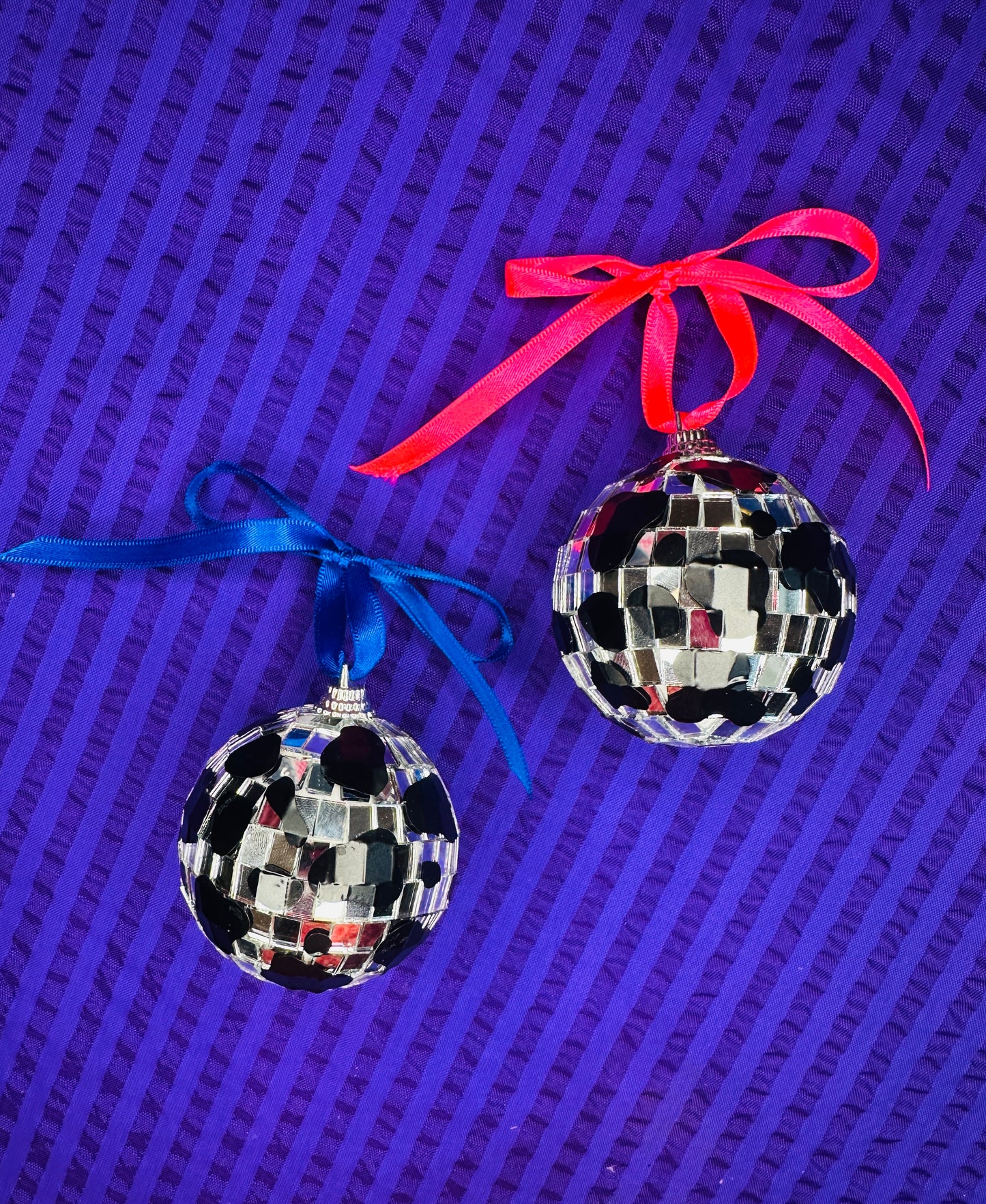 Cow print disco ball baubles! Handmade, pastoral, country and western, festival, chrome