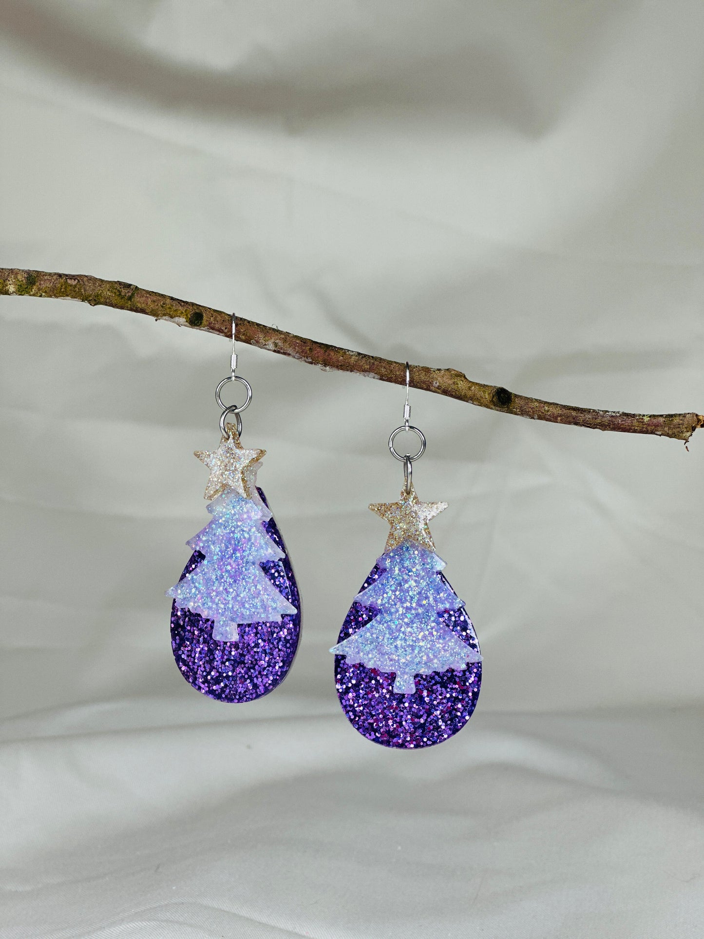 Handmade resin Christmas tree glitter earrings