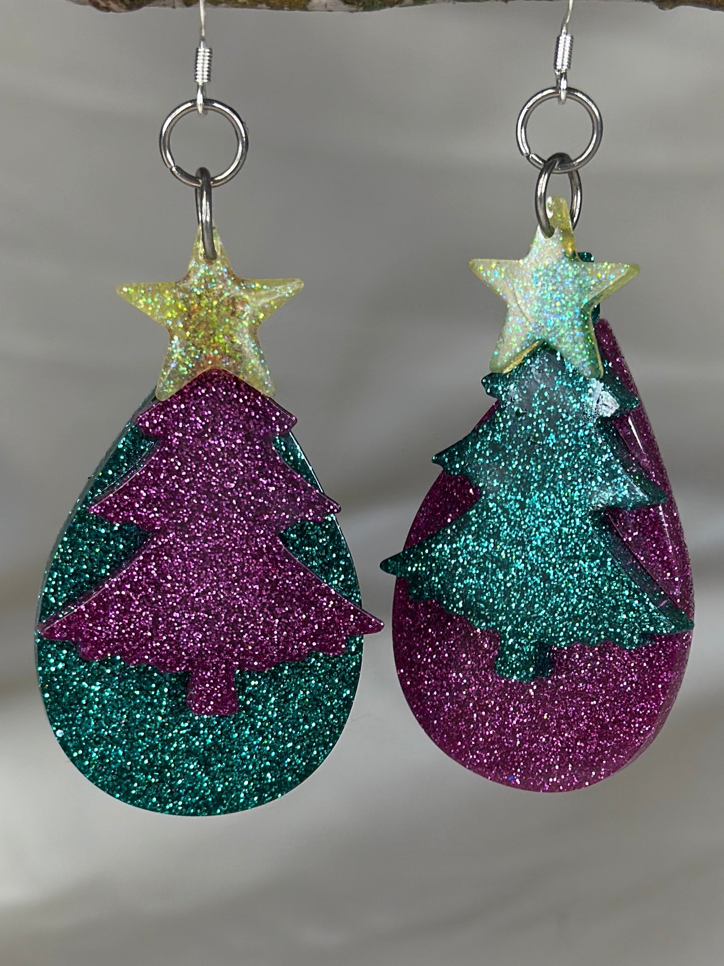 Handmade resin Christmas tree glitter earrings