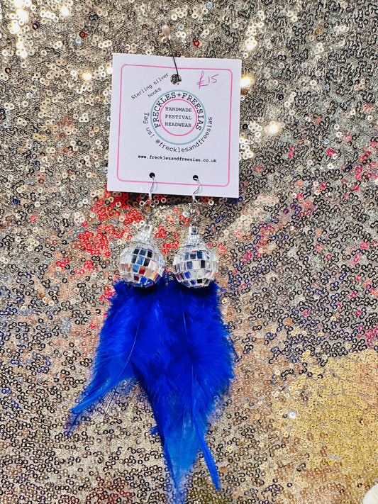Disco ball feather earrings royal blue