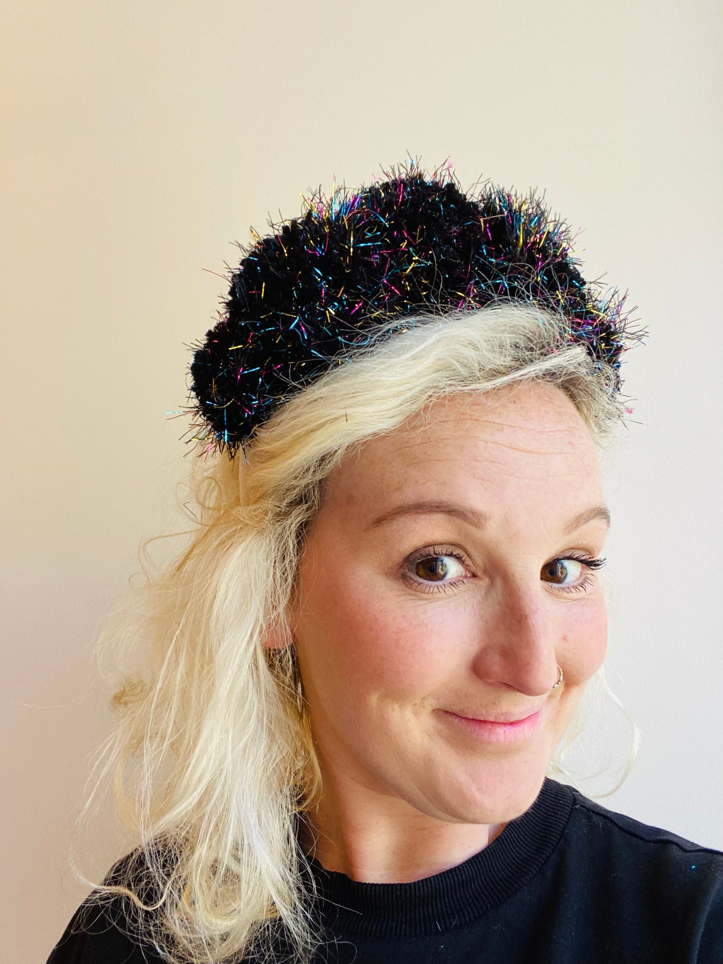 Black and rainbow sparkle pom pom headband