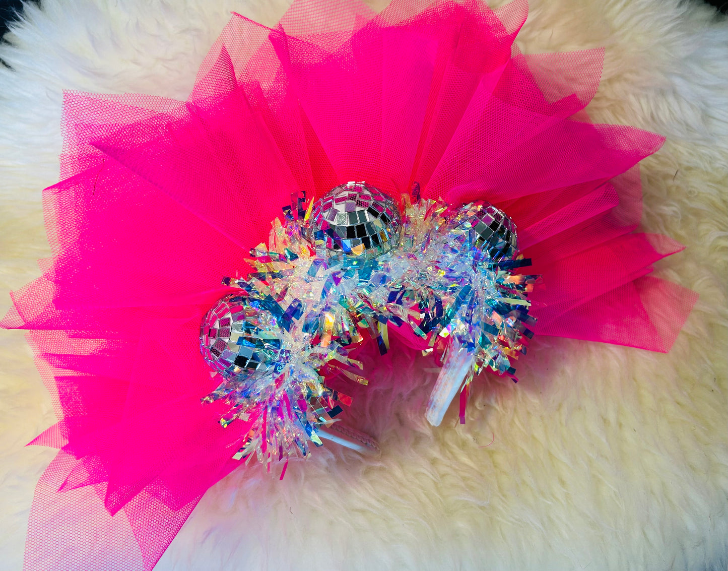 Disco ball Barbie pink net headband with iridescent sparkle!