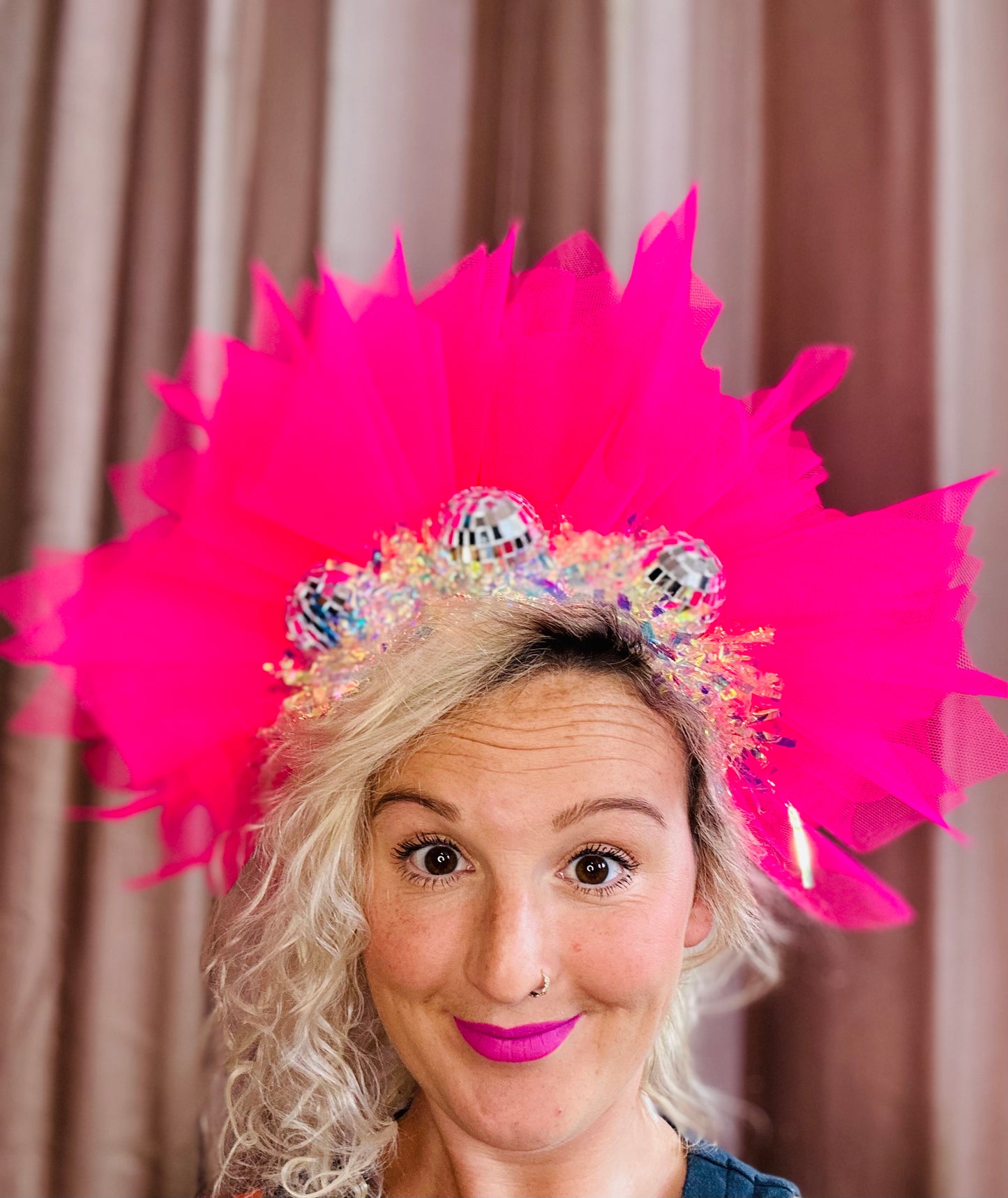 Disco ball Barbie pink net headband with iridescent sparkle!