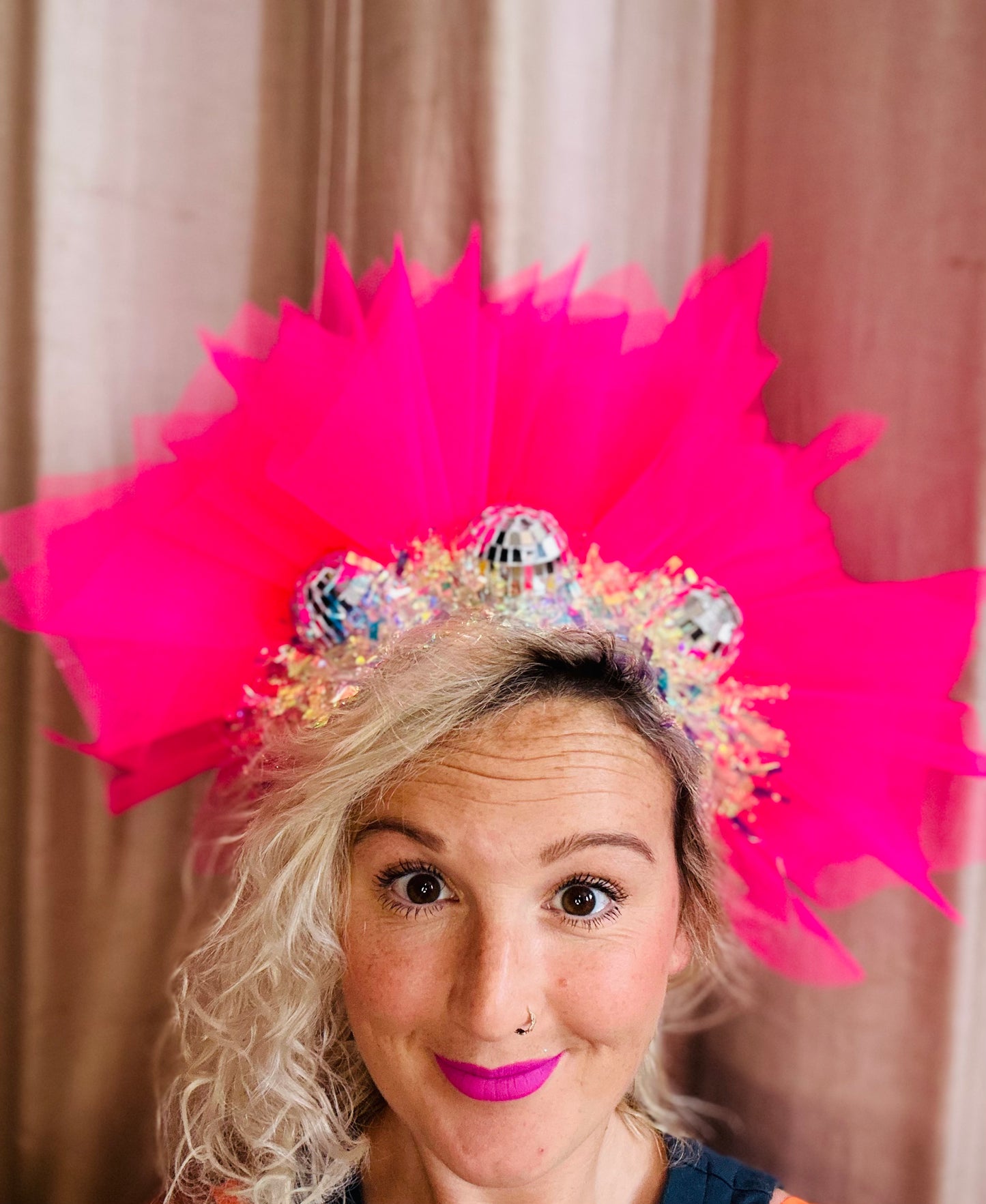 Disco ball Barbie pink net headband with iridescent sparkle!
