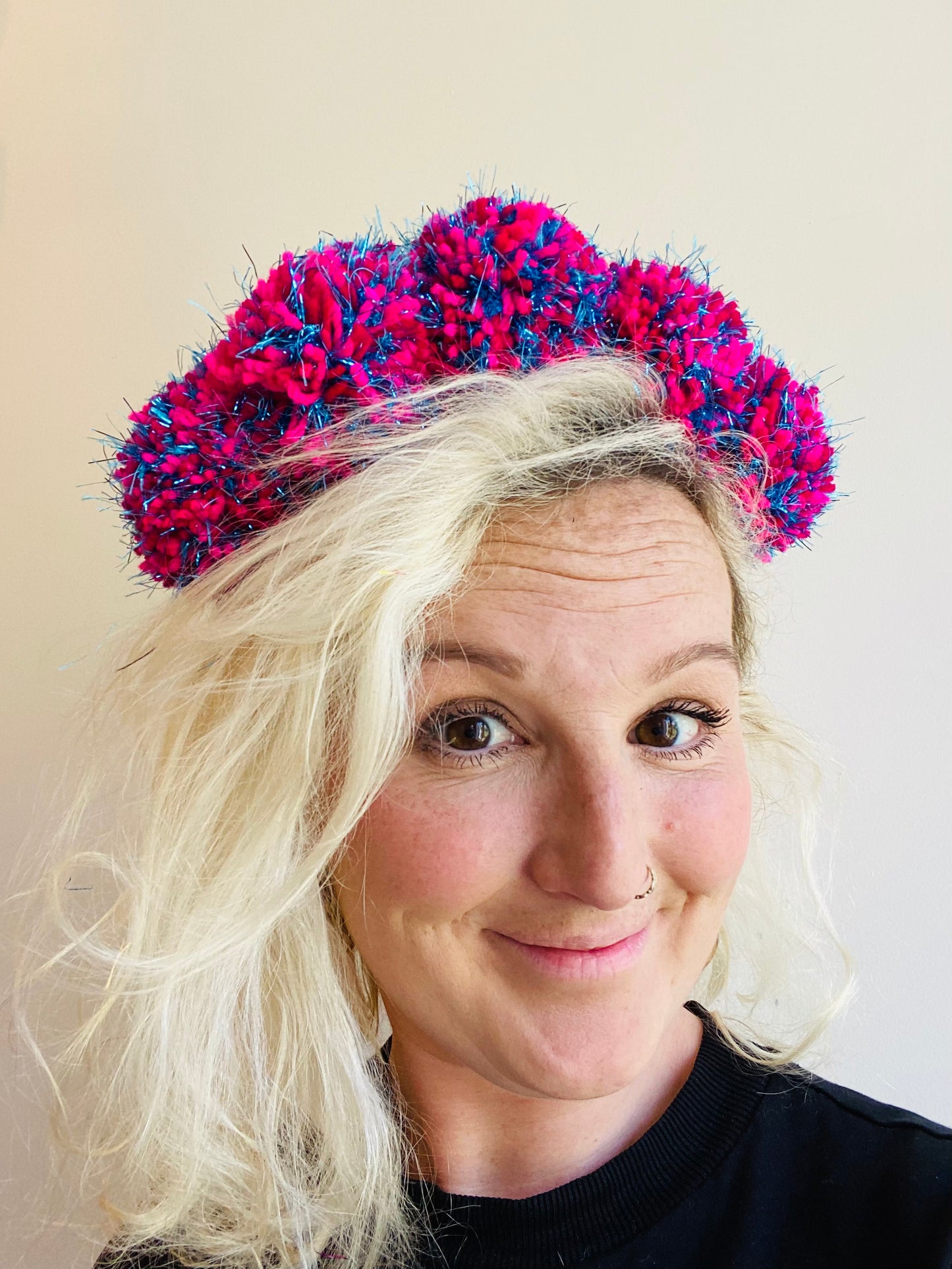 Pink and blue sparkle pom pom headband