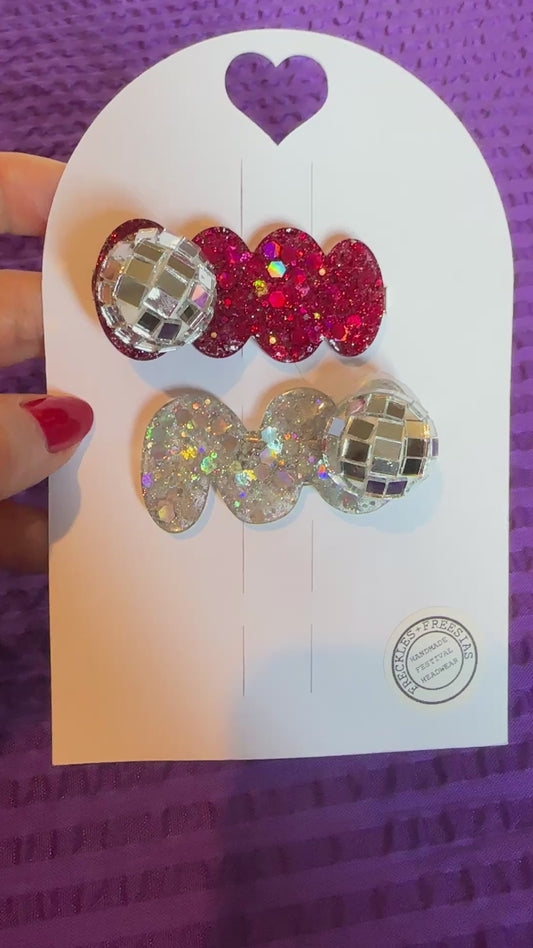 Glitter resin hair clips with mini disco balls, sparkly, holographic, Christmas