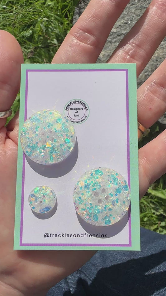 Handmade resin buttons opal white glitter, bright, fun, round, children’s, kids, Aran, 1cm, 1.2cm, 2cm, 2.5cm, 10mm, 12mm, 15mm, 20mm, 25mm